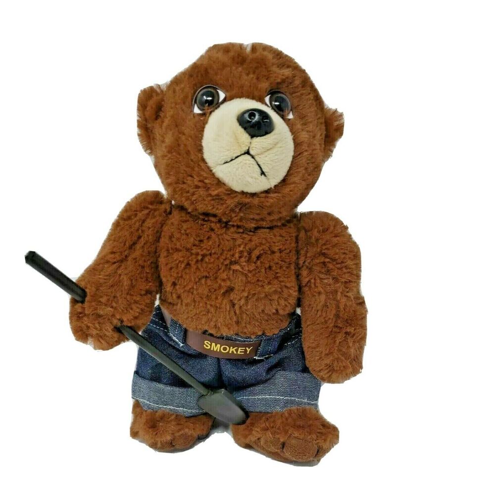 Smokey Bear Plush Movable Head and Arm Fire Shovel Jeans Approx 11" Brown Fuzzy